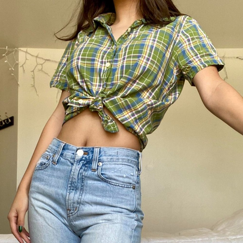 Vintage 90s Abercrombie and Fitch green plaid short sleeve button up